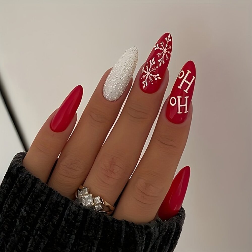 24Pcs Long Stiletto Press-On Nails Set - Mixed Red & White, Glossy Christmas